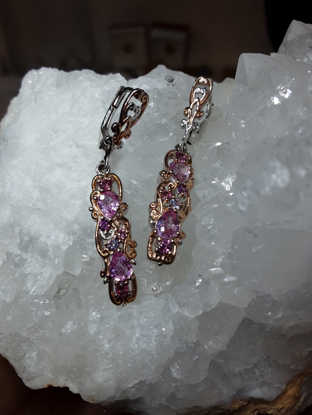 925 Genuine Pink Sapphire Drop Earrings.